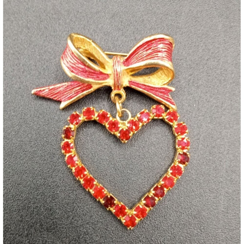 Heart Brooch Pin Beatrix Red Rhinestone Vintage Valentines Day Dangle Accent